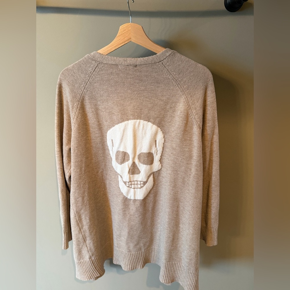 Sweet Romeo Taupe Cardigan with White Skull Intarsia